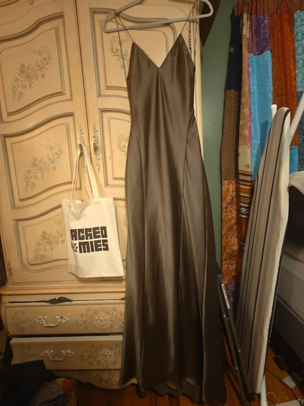 Zara Satin Maxi Slip Dress Taupe Bronze Olive Green Spaghetti Strap V-Neck Forma - Picture 2 of 4